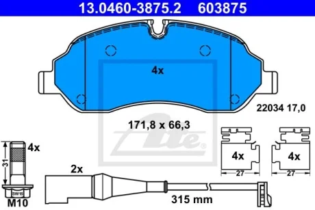 Колодки тормозные (передние) Ford Tourneo Custom/Transit Custom/Transit V363 12- (+датчики) (спарка) ATE 13046038752