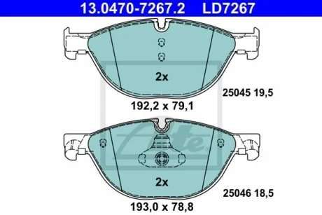 Колодки гальмівні (передні) BMW 5 (F07/F10/F11) 09-17/6 (F06/F13) 11-18/7 (F01/F02/F03/F04) 08-15 (Ate) Ceramic ATE 13.0470-7267.2
