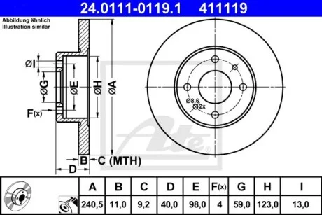 Диск тормозной (задний/передний) Fiat Panda 03-/Ford Ka 08- (240.5x11) ATE 24011101191