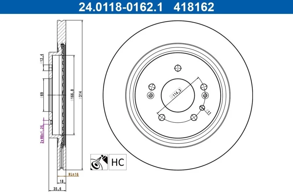 Диск тормозной (задний) Hyundai Santa Fe 18-20 (314x18) (вентил.) (с покрытием) ATE 24.0118-0162.1 (фото 1)