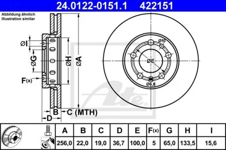 Диск тормозной (передний) Skoda Fabia/Octavia 96-/Roomster 06-/VW Golf 97-06 (256x22)(с покр.)(вент) ATE 24.0122-0151.1