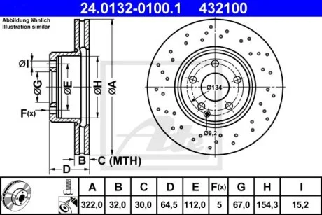 Диск тормозной (передний) MB C-class (W204) 07-14/E-class (W212) 09- (322x32) (с отверстиями) (вент) ATE 24.0132-0100.1