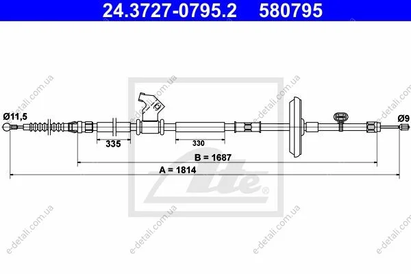 Трос ручника (R) Opel Astra J/Chevrolet Cruze 09- (L=1814mm) ATE 24372707952 (фото 1)