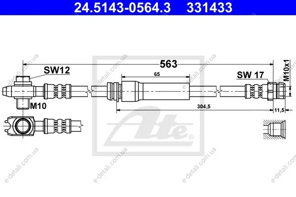 Шланг тормозной (передний) Audi A3/Skoda Octavia/VW Caddy 1.2-3.6 03- (L=563mm) ATE 24514305643 (фото 1)