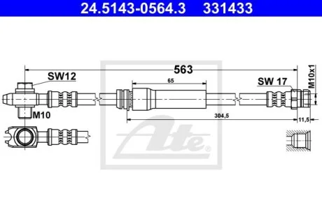 Шланг гальмівний (передній) Audi A3/Skoda Octavia/VW Caddy 1.2-3.6 03- (L=563mm) ATE 24514305643
