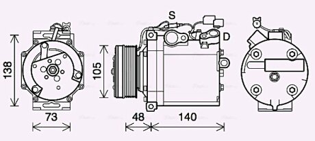 AVA MITSUBISHI Компресор кондиціонера GRANDIS 2.0 DI-D 05-, LANCER VIII 1.8, 2.0 07-OUTLANDER II 2.0 DI-D 07-, 2.4 06-, CITROEN, PEUGEOT AVA COOLING MTAK263