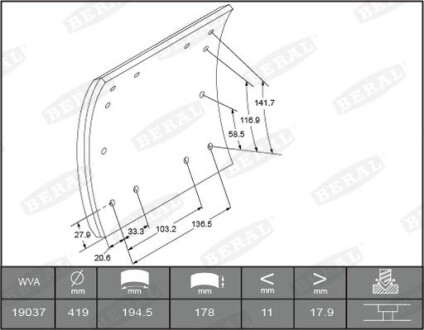 Тормозные накладки WVA19036 необходимы заклепки: 6,35x14,3 L9 96шт BERAL KBL19036.1-1560