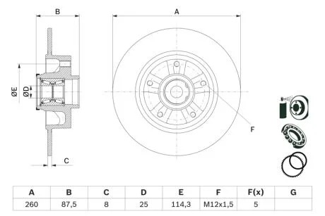 Диск тормозной (задний) Renault Megane IV 15- (260x8) (+ABS) (с подшипником) BOSCH 0986479E79
