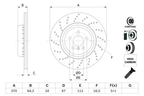 Диск гальмівний (задній) BMW 5 (G30/F90)/6 (G32)/7 (G11/G12) 15- (L) (370x24) (з покрит.) (вентил.) BOSCH 0986479G12
