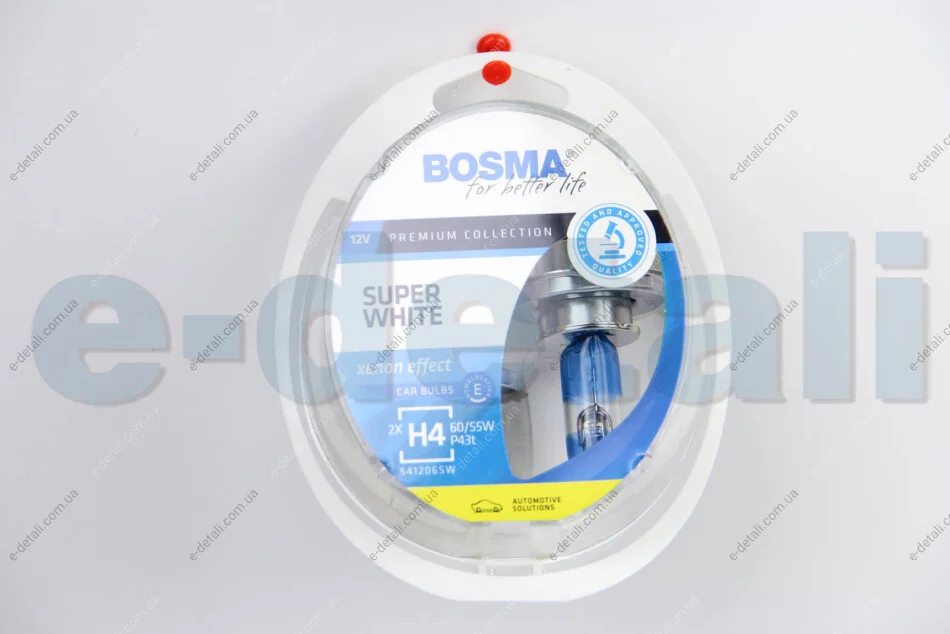 Автолампа H4 SUPER WHITE 12V 60/55W P43T Упаковка 2шт BOSMA 3462 (фото 1)