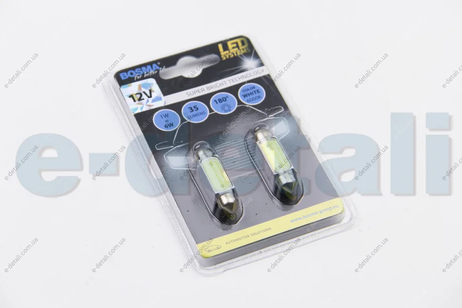 Автолампа SV8,5 LED 12V 1xSMD MEGA LED WHITE 10X39 (2 шт) BOSMA 3673 (фото 1)