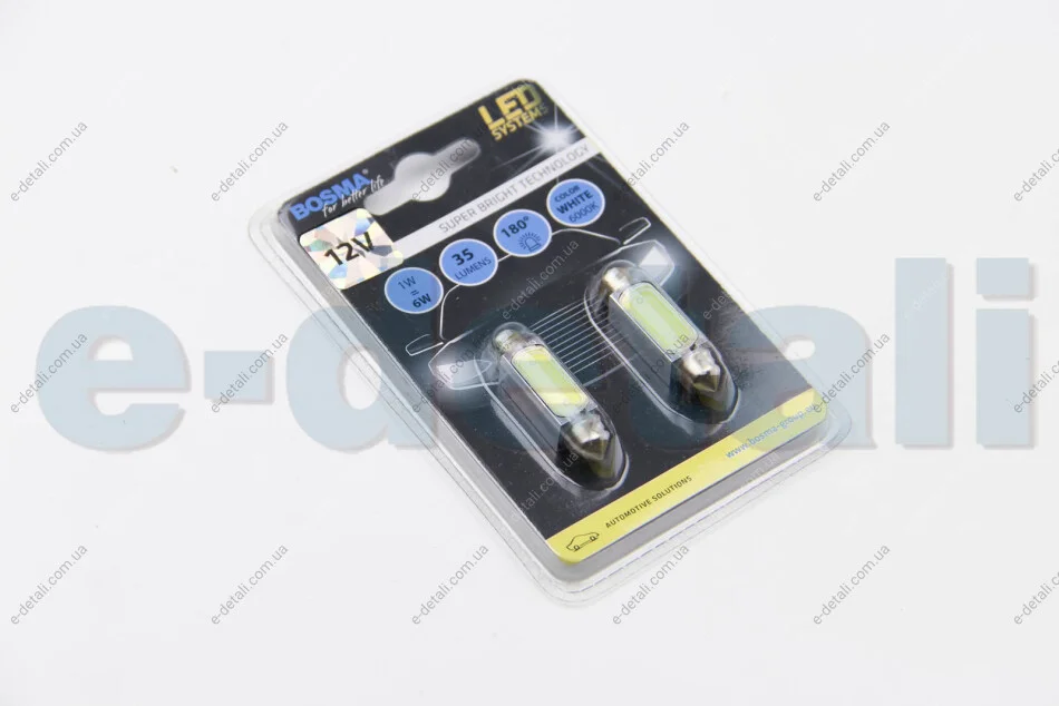 Автолампа SV8,5 LED 12V 1xSMD MEGA LED WHITE 10X41 (2 шт) BOSMA 3680 (фото 1)