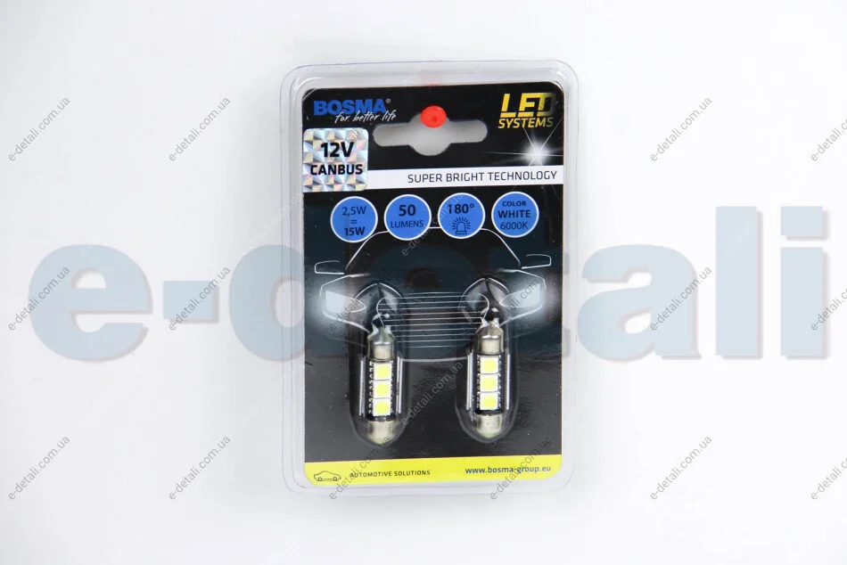 Автолампа SV8,5 LED 12V 3XSMD 5050 LED WHITE 12X36 DOUBLE POLARITY CANBUS (2 шт) BOSMA 3741 (фото 1)