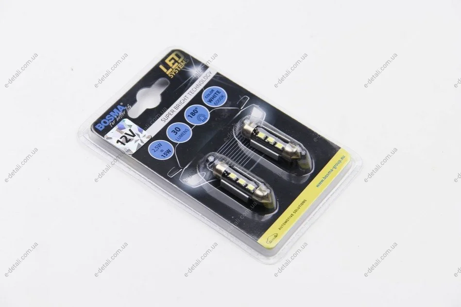 Автолампа SV8,5 LED 12V 3XSMD 2828 LED WHITE 10x31 (2 шт) BOSMA 3765 (фото 1)