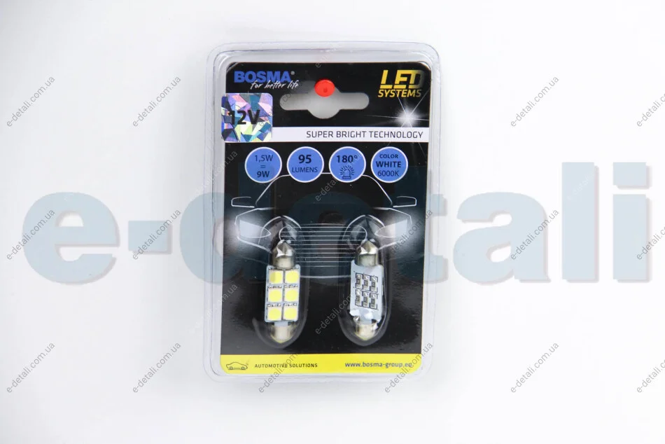Автолампа SV8,5 LED 12V 6XSMD 5050 LED WHITE 12x39 (2 шт) BOSMA 3833 (фото 1)