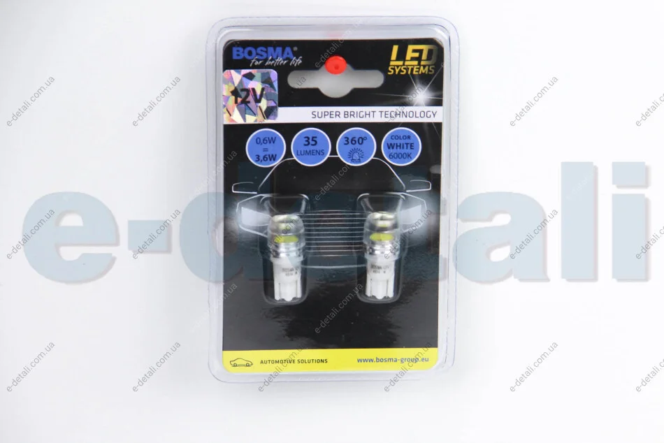 Автолампа T10 LED 12V 1xSMD 7080 LED WIDE VIEWING WHITE (2 шт) BOSMA 4014 (фото 1)