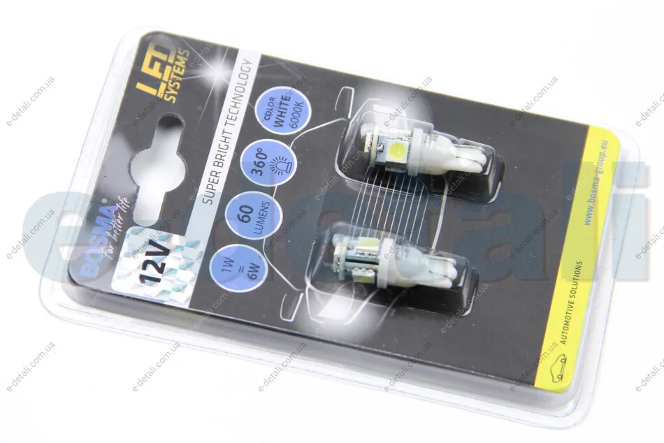 Автолампа T10 LED 12V 4XSMD 5050 LED WHITE (2 шт) BOSMA 4168 (фото 1)