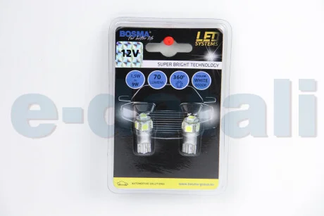 Автолампа T10 LED 12V 5XSMD 5050 LED WHITE (2 шт) BOSMA 4182