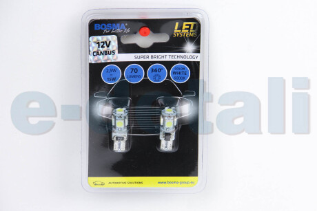 Автолампа T10 LED 12V 5XSMD 5050 LED WHITE DOUBLE POLARITY CANBUS (2 шт) BOSMA 4199