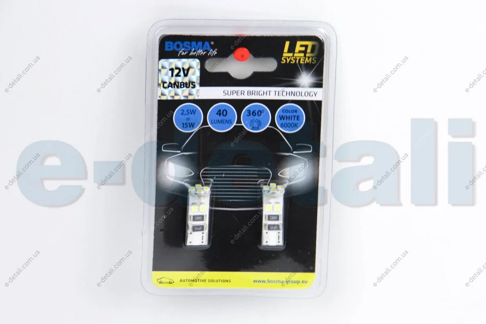 Автолампа T10 LED 12V 8XSMD 3528 LED WHITE DOUBLE POLARITY CANBUS (2 шт) BOSMA 4229 (фото 1)