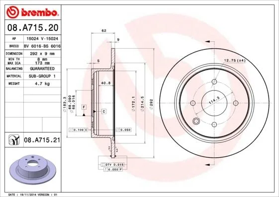 Диск тормозной BREMBO 08.A715.20 (фото 1)