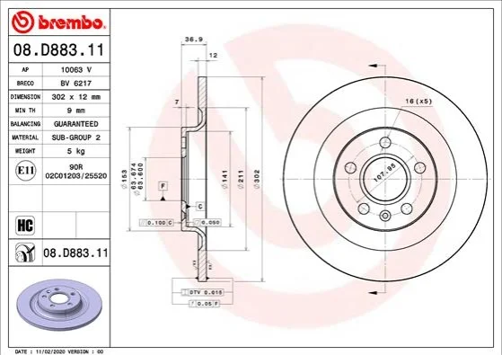 Тормозной диск BREMBO 08.D883.11 (фото 1)