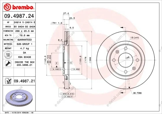 Тормозной диск BREMBO 09.4987.21 (фото 1)