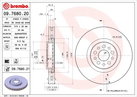 Тормозной диск BREMBO 09.7680.21 (фото 1)