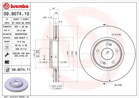 Гальмівний диск пер. Laguna 01- (300x47mm)(1шт/уп) BREMBO 09.9074.11 (фото 1)
