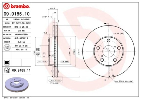 Гальмівний диск BREMBO 09.9185.10 (фото 1)
