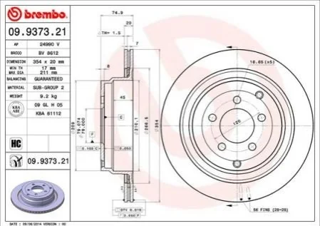 Тормозной диск BREMBO 09.9373.21 (фото 1)