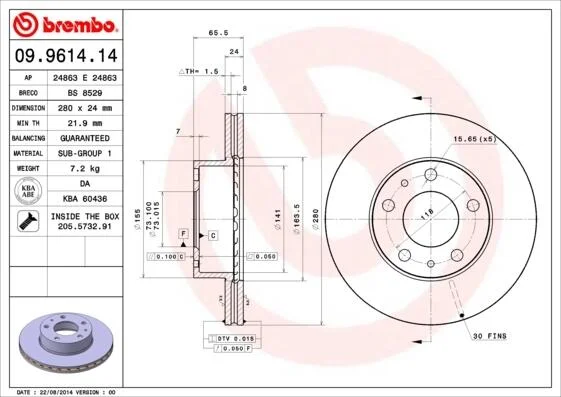 Гальмівний диск пер. Boxer 94- (280x66mm) BREMBO 09.9614.14 (фото 1)