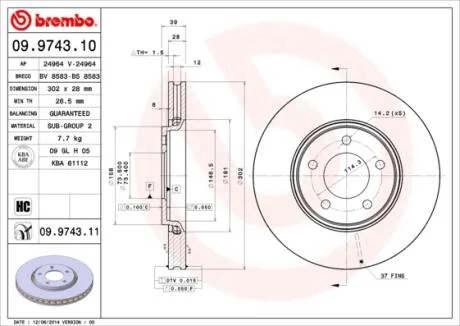 Гальмівний диск BREMBO 09.9743.11