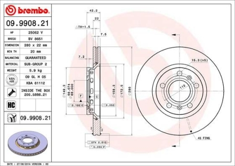 Тормозной диск BREMBO 09.9908.21