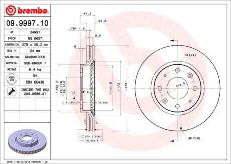 Тормозной диск вентилируемый BREMBO 09.9997.10