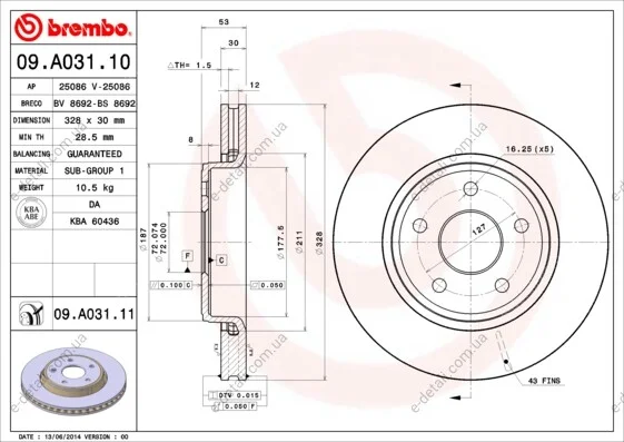 Тормозной диск BREMBO 09.A031.11 (фото 1)