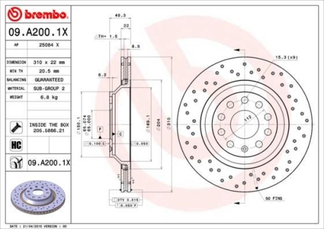 Гальмівний диск BREMBO 09.A200.1X (фото 1)