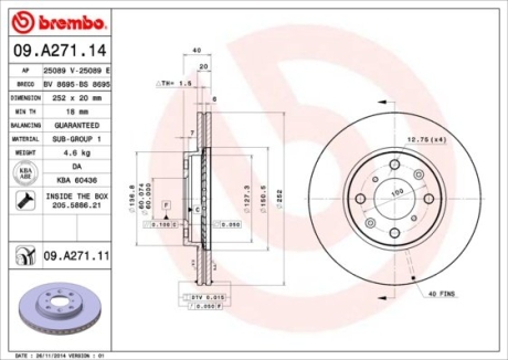 Тормозной диск вентилируемый BREMBO 09.A271.14 (фото 1)