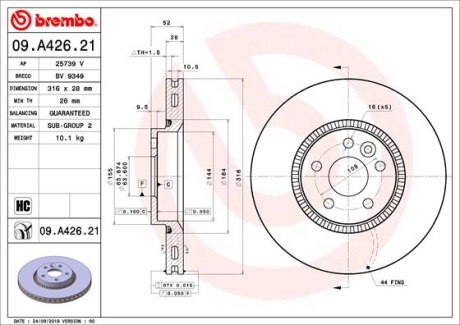 Тормозной диск BREMBO 09A42621 (фото 1)