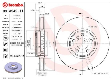 Тормозной диск BREMBO 09.A542.11 (фото 1)