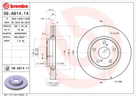 Гальмівний диск BREMBO 09.A914.11 (фото 1)