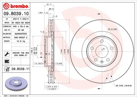 Тормозной диск BREMBO 09B03911 (фото 1)