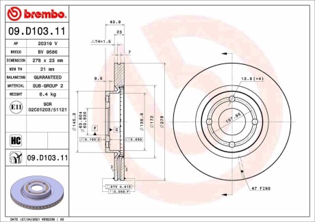 Тормозной диск BREMBO 09.D103.11