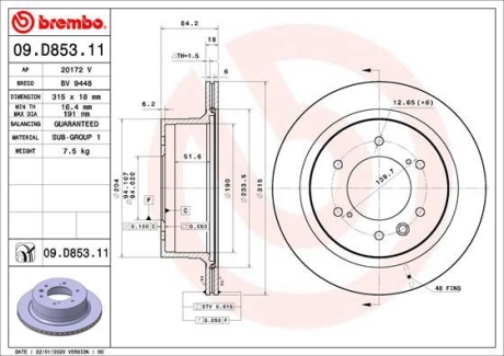 Тормозной диск BREMBO 09.D853.11 (фото 1)