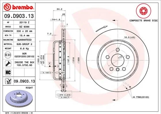 Тормозной диск BREMBO 09.D903.13 (фото 1)