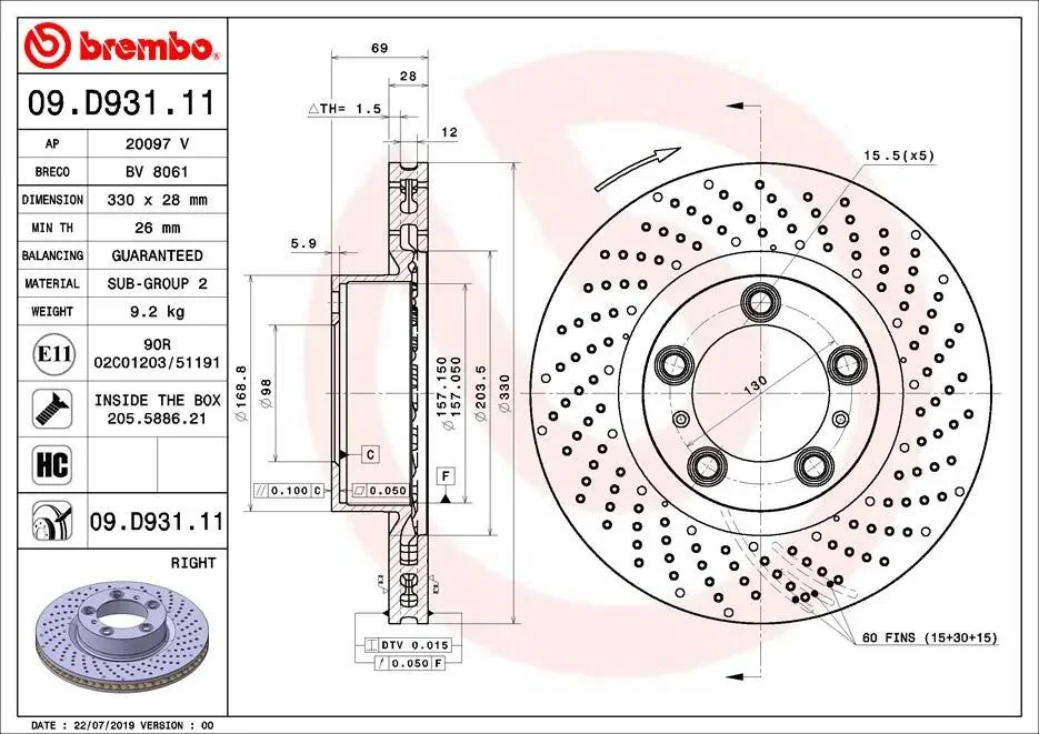 Тормозной диск BREMBO 09.D931.11 (фото 1)