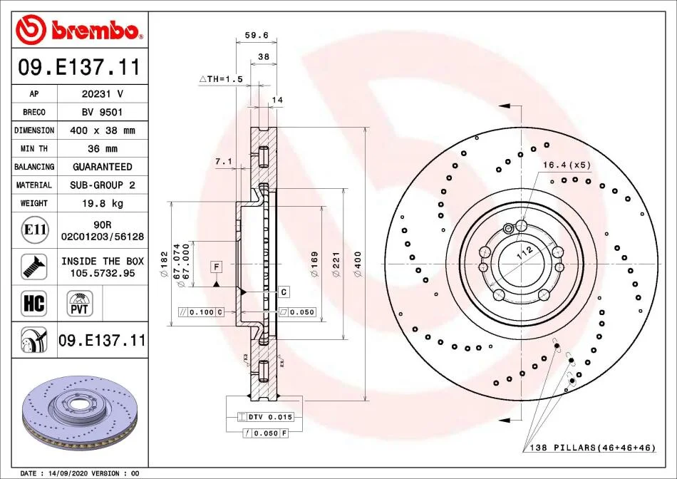 Гальмівний диск BREMBO 09.E137.11 (фото 1)