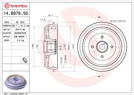 Гальмівний барабан BREMBO 14.B976.50