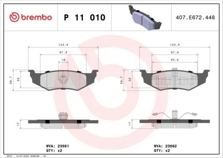 Тормозные колодки дисковые BREMBO P11 010