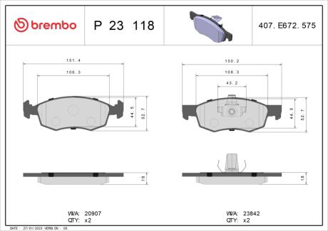 Тормозные колодки дисковые BREMBO P23 118